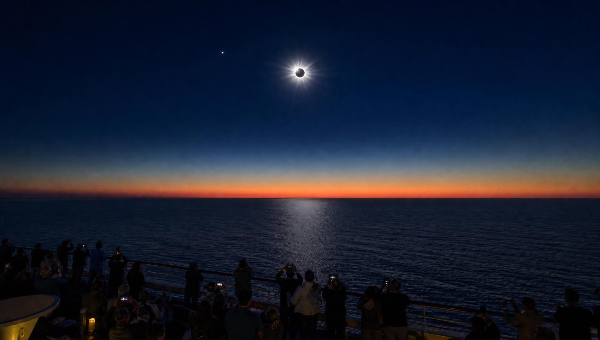 Total solar eclipse over the Mediterranean seen from the deck of Virgin Voyages Scarlet Lady — 273 seconds of totality, August 12, 2026