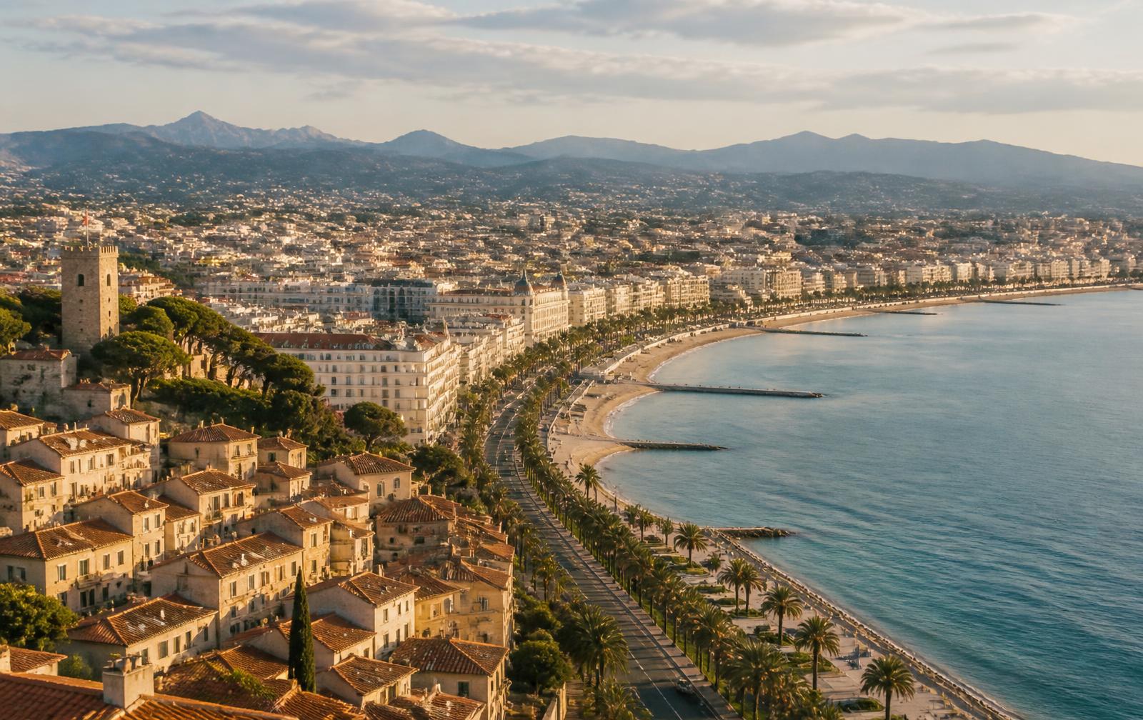 Cannes French Riviera coastline with Le Suquet old town and Bay of Cannes at golden hour — French port on the 2026 Mediterranean Solar Eclipse Cruise