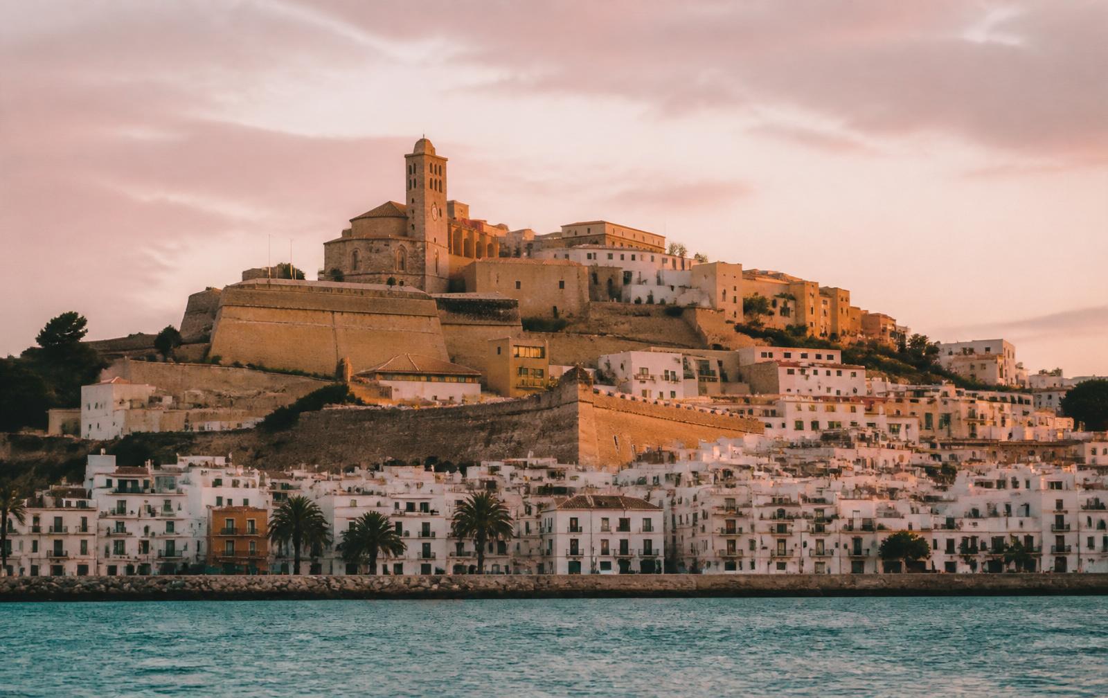 Dalt Vila old town of Ibiza rising above whitewashed harbor houses at golden hour — Balearic port on the 2026 Mediterranean Solar Eclipse Cruise