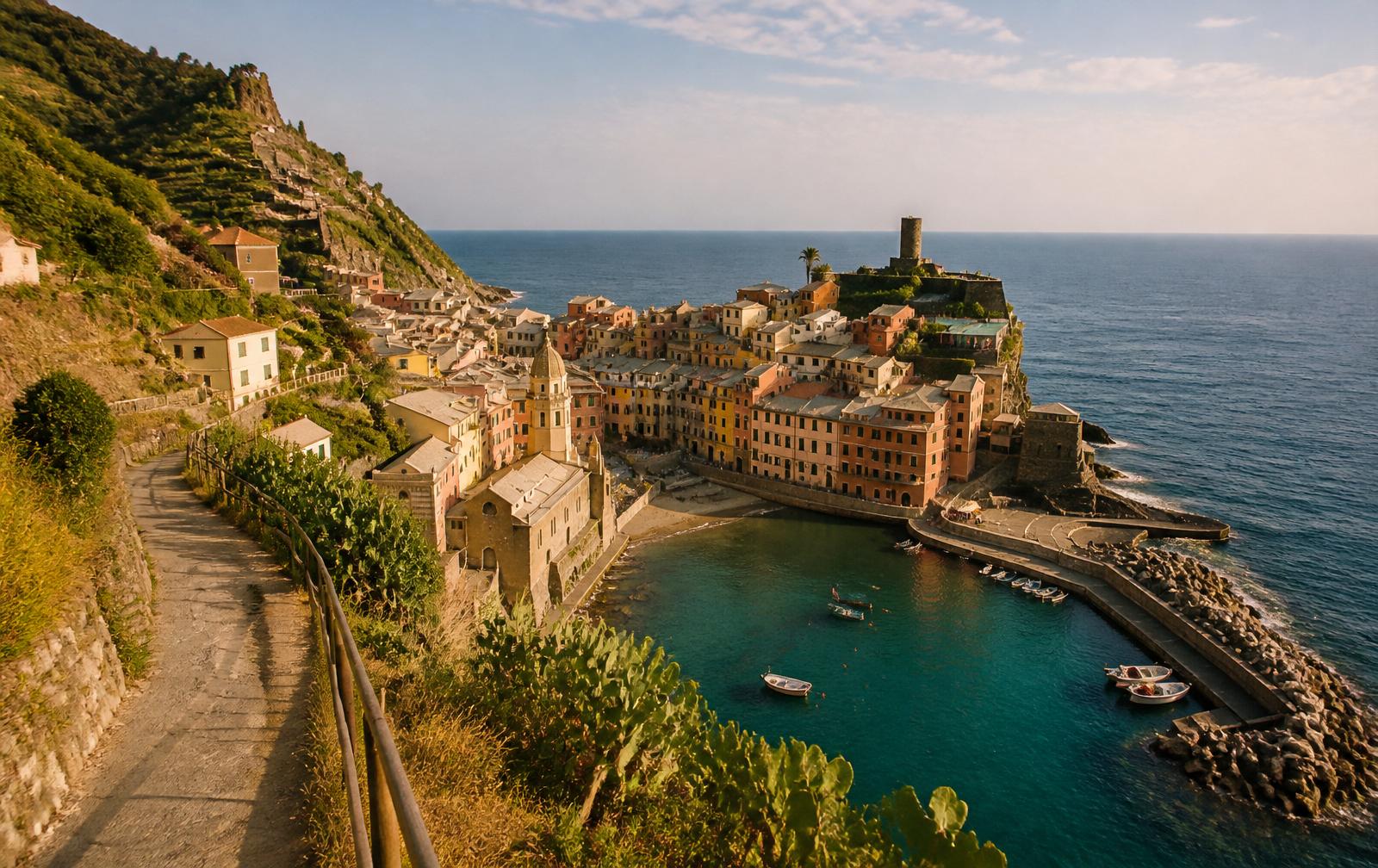 Cinque Terre pastel villages clinging to Italian Riviera cliffs above the Ligurian Sea — La Spezia port on the 2026 Mediterranean Solar Eclipse Cruise