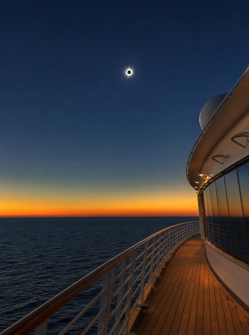 Total solar eclipse corona over the Mediterranean Sea seen from a cruise ship deck — 4 minutes 33 seconds of totality, August 12, 2026