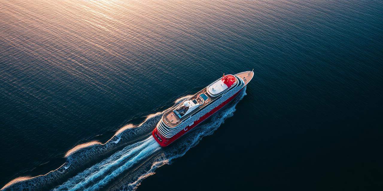 Aerial drone view of Scarlet Lady cruise ship cutting through Mediterranean waters — Virgin Voyages eclipse cruise 2026