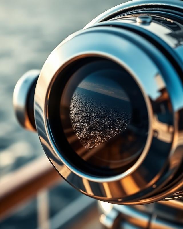 Polished chrome telescope reflecting Mediterranean sea on luxury cruise ship deck — eclipse observation equipment