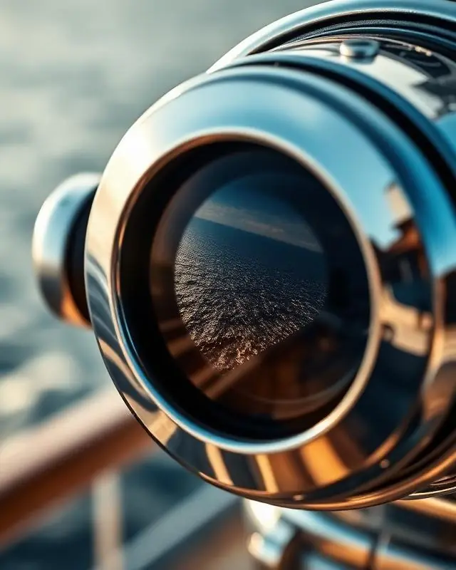 Polished chrome telescope reflecting Mediterranean sea on luxury cruise ship deck, eclipse observation equipment